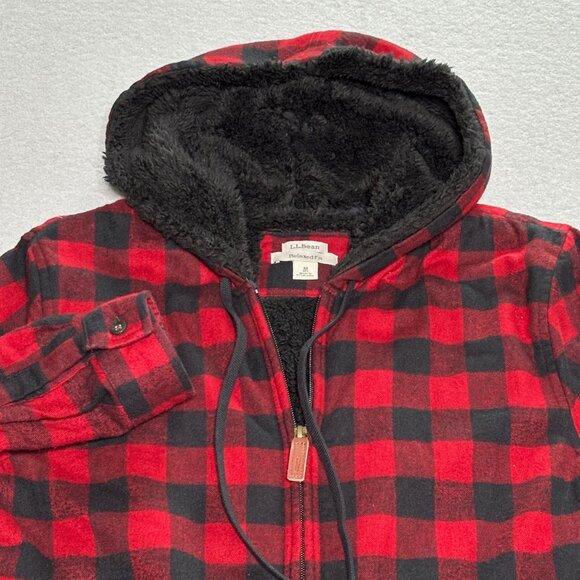 LL Bean Relaxed Fit Flannel Shacket Sherpa Lined Red/Black Plaid Hoodie Medium - Picture 4 of 12